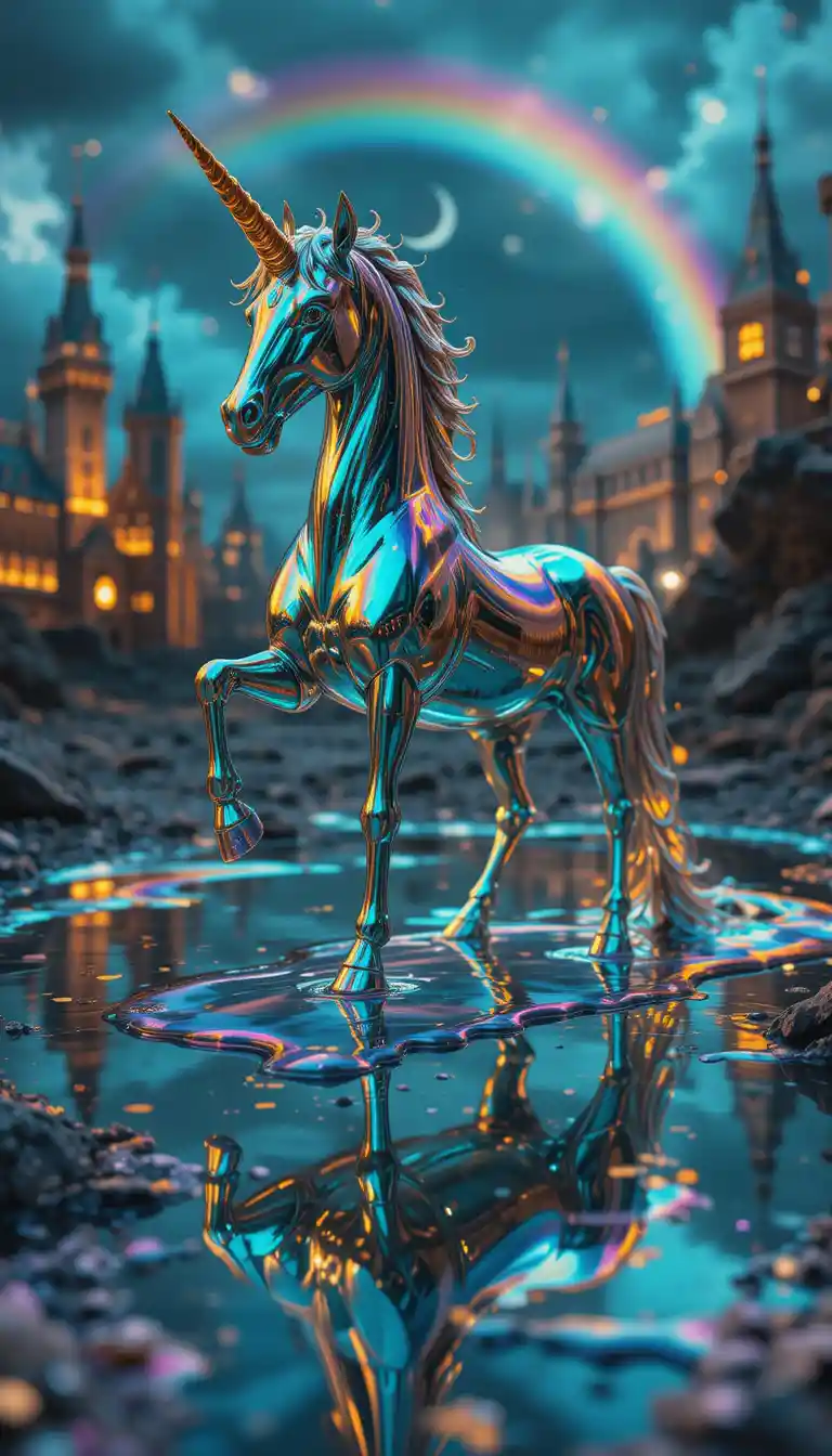 Surreal macro view of a melting liquid mercury unicorn