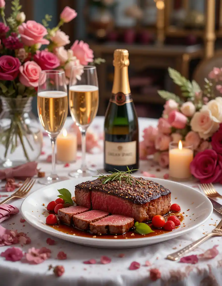 Romantic steak and champagne dinner with floral table decor