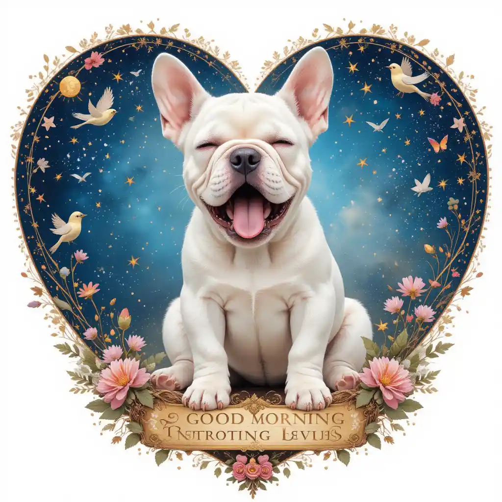 Sleepy bulldog puppy yawning in whimsical heart painting