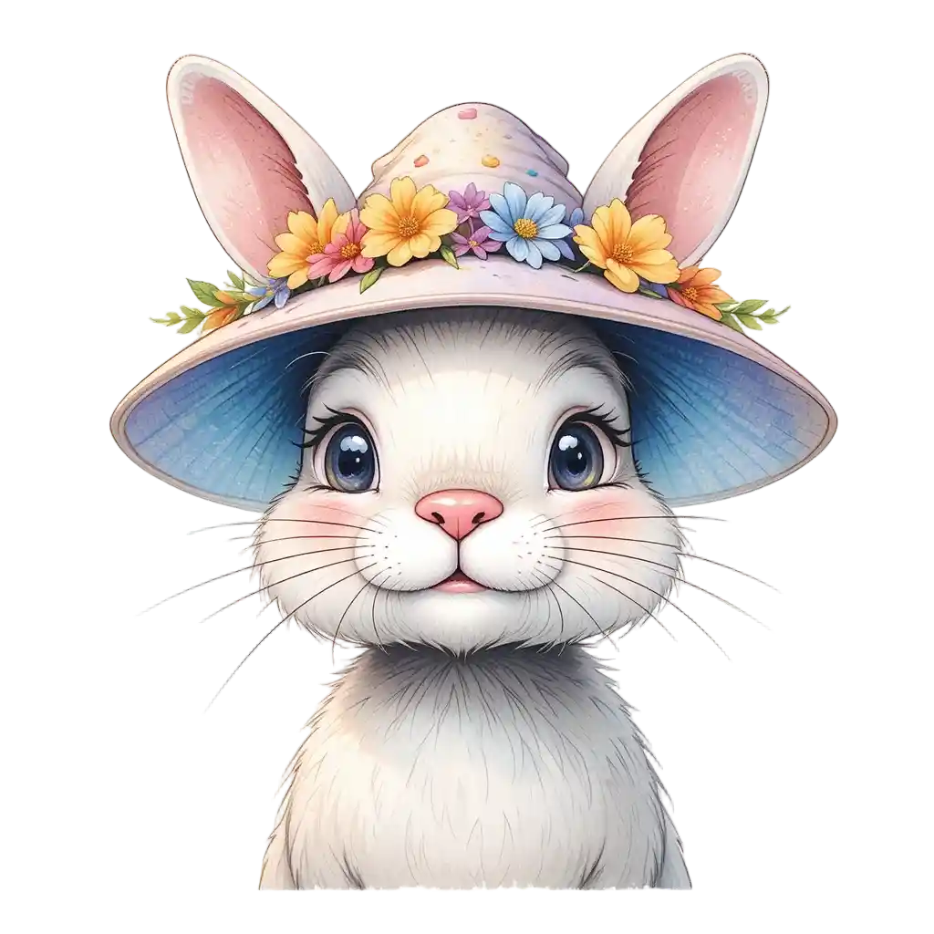 Happy rabbit in floral spring hat watercolor illustration