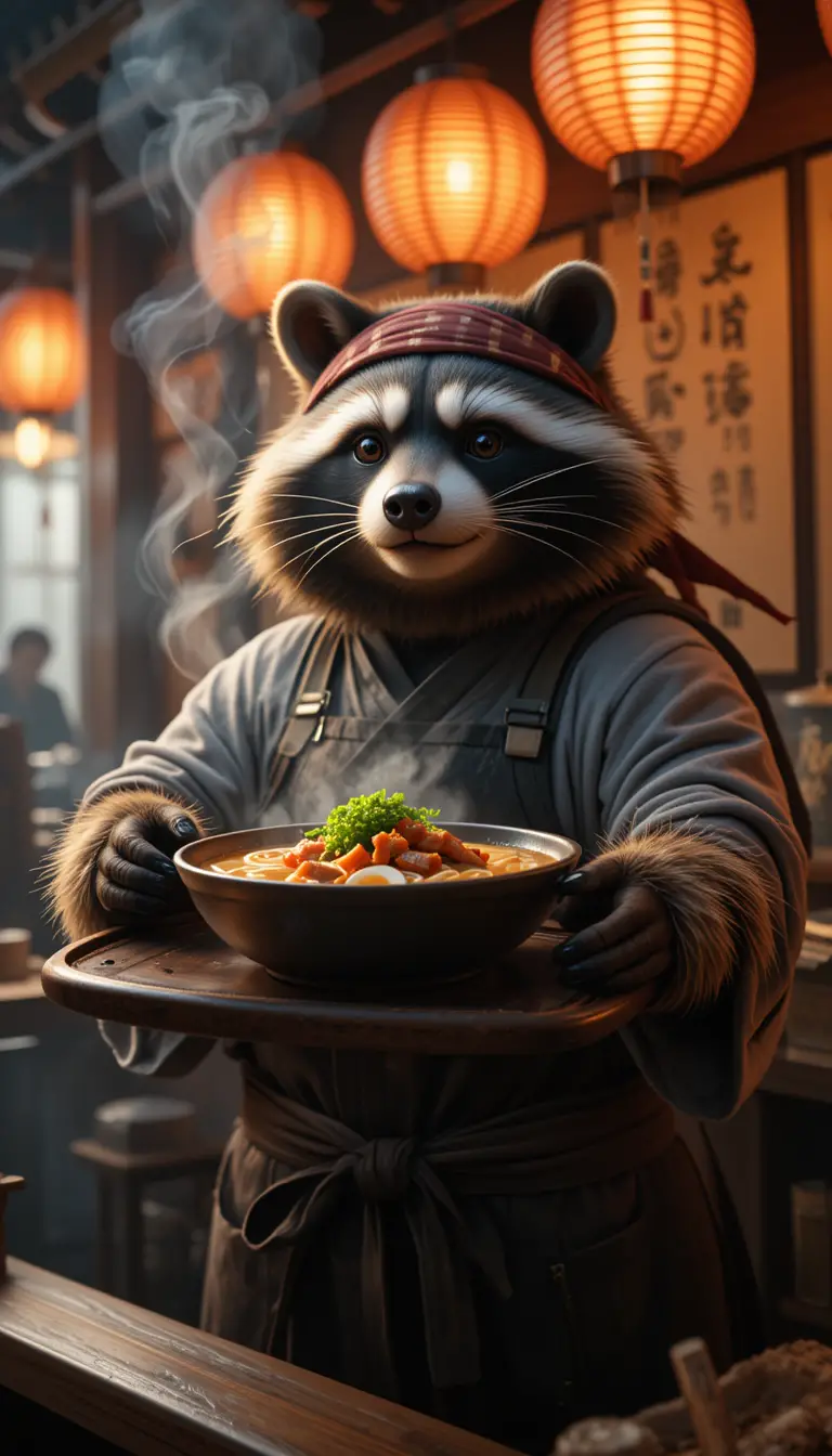 Anthropomorphic bear ramen vendor offering a steaming bowl