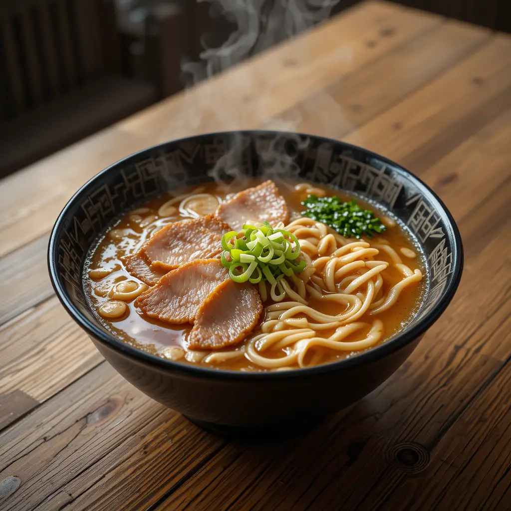 Close up bowl of steaming ramen on wooden table