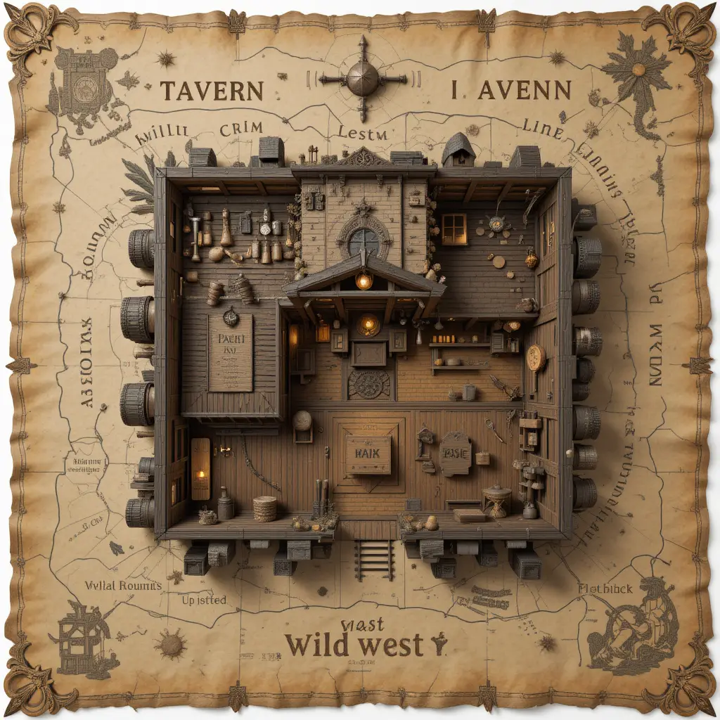 Top view 3d wild west tavern inn interior map