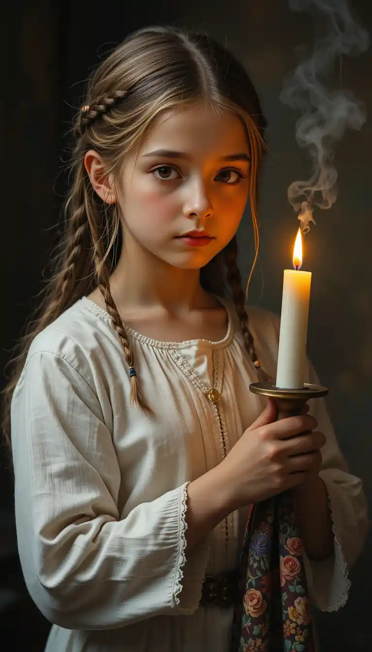 Young girl holding a candle and embroidered towel