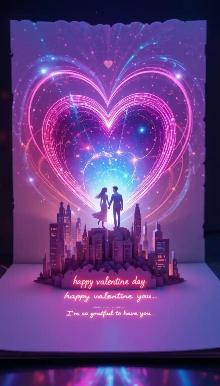 Tarjeta de San Valentín con Corazón Holográfico y Diseño Neón Cósmico