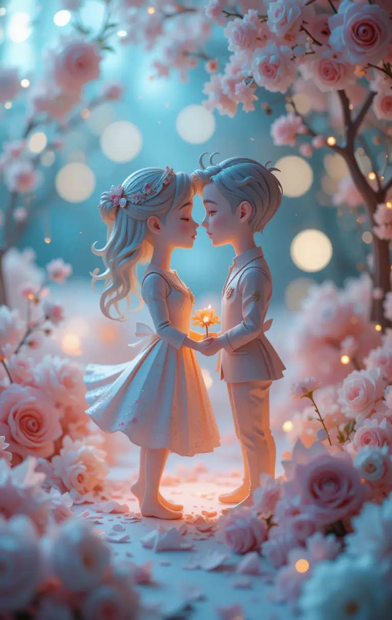 Romantic 3D heart poster with paper cut style and bokeh