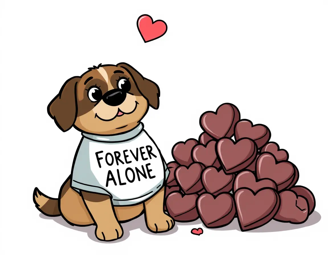 Lonely cartoon dog with forever alone shirt and chocolates