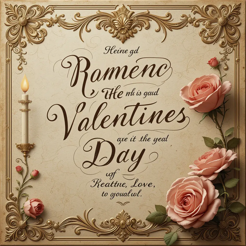 Vintage Valentine card with roses and baroque gold details