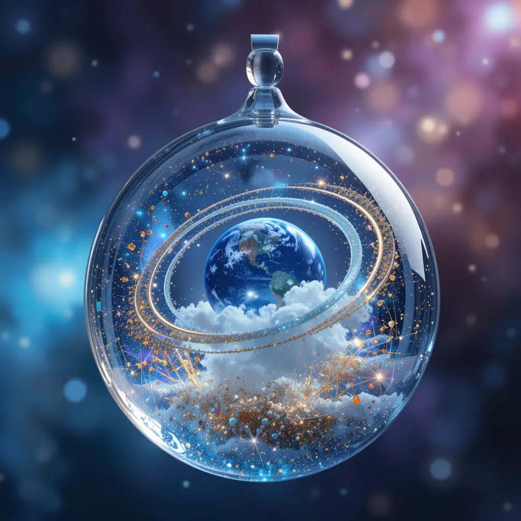 Glass pendant with miniature blue planet and space orbits