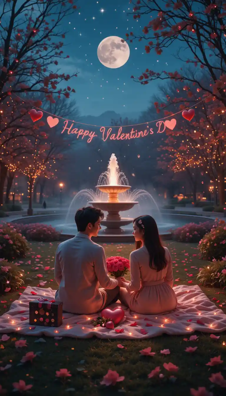 Romantic couple on blanket in moonlit park with lights