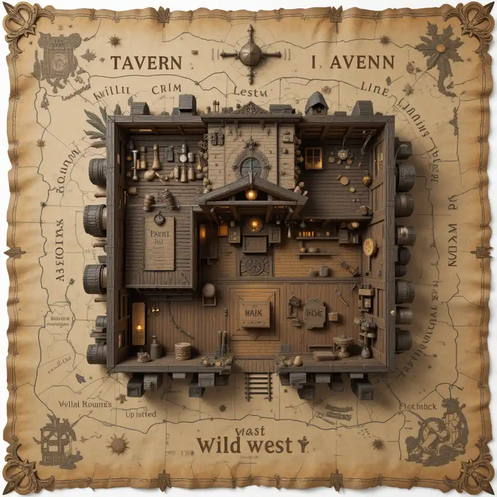 Top view 3d wild west tavern inn interior map