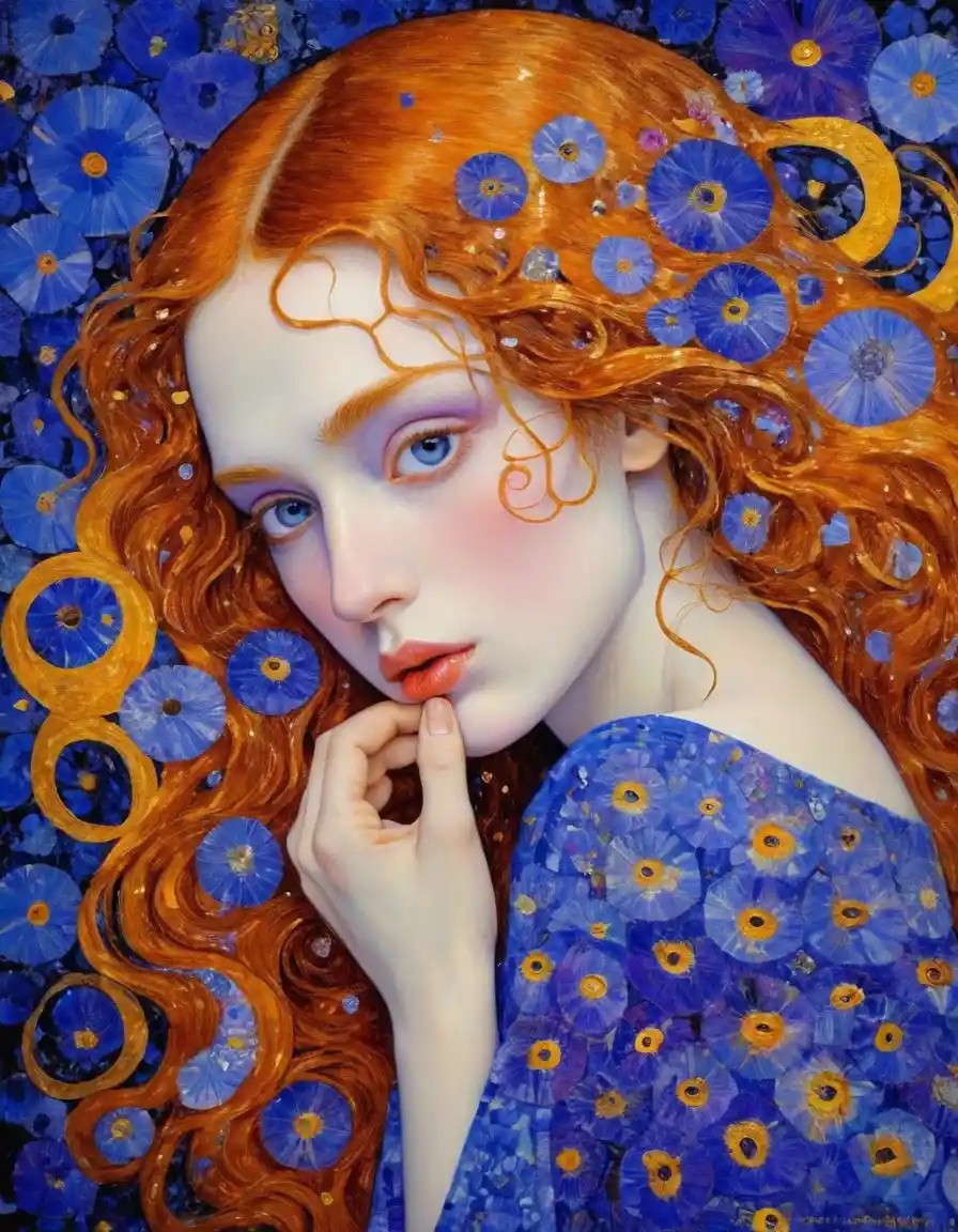 Ritratto di ragazza appassionata in stile mixed media ispirato a Klimt
