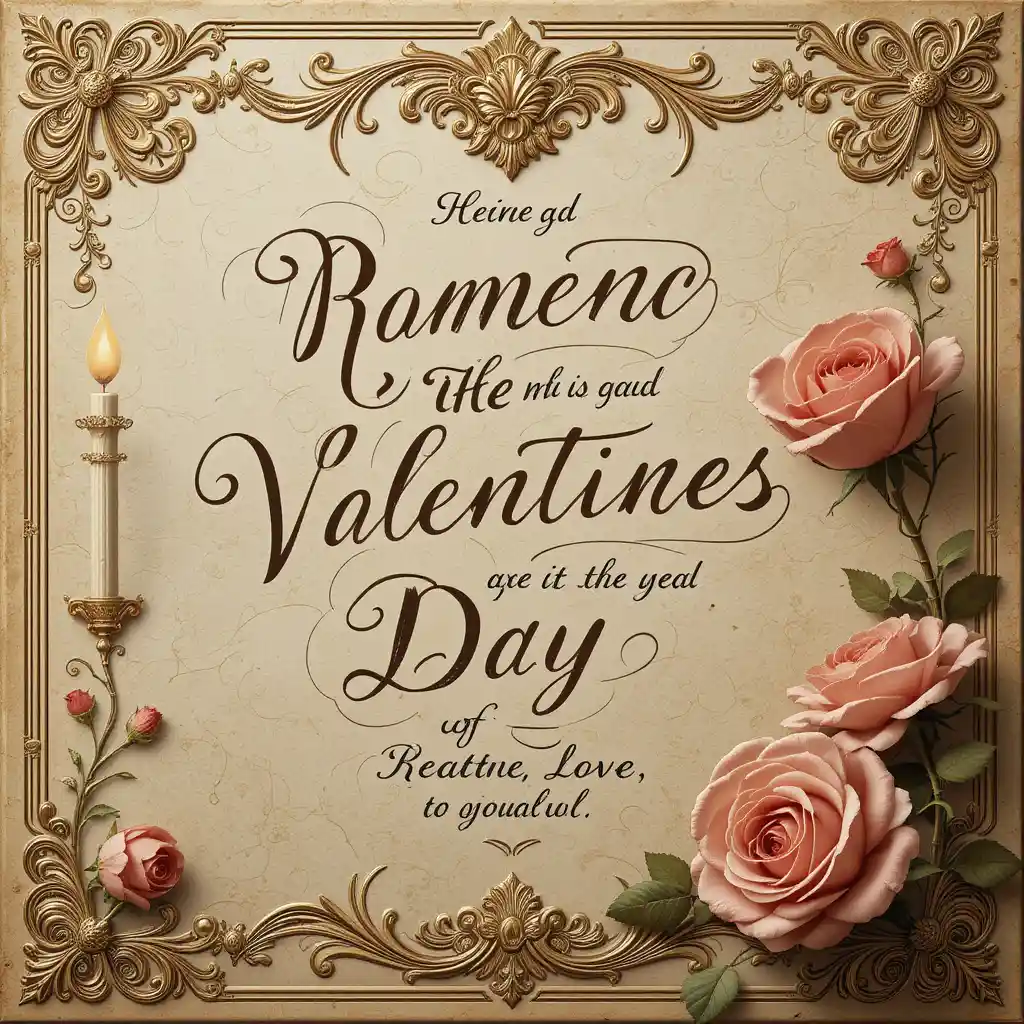 Vintage Valentine card with roses and baroque gold details