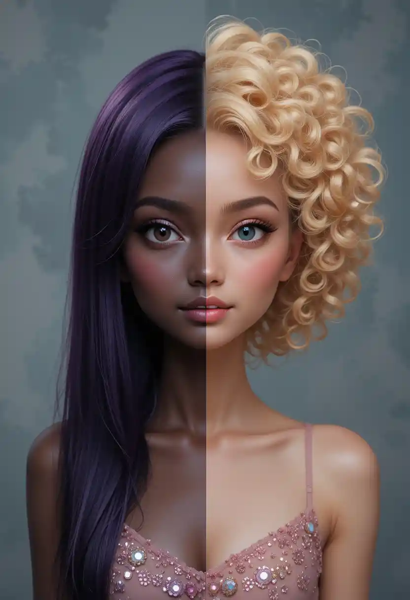 Surreal split faced anime woman with contrasting skin tones