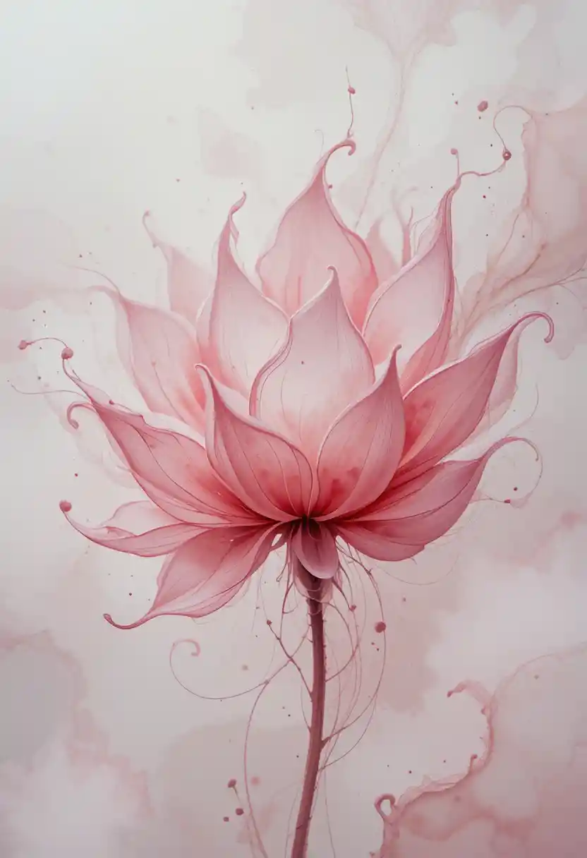 Dreamy pink flower with watercolor and ink textures
