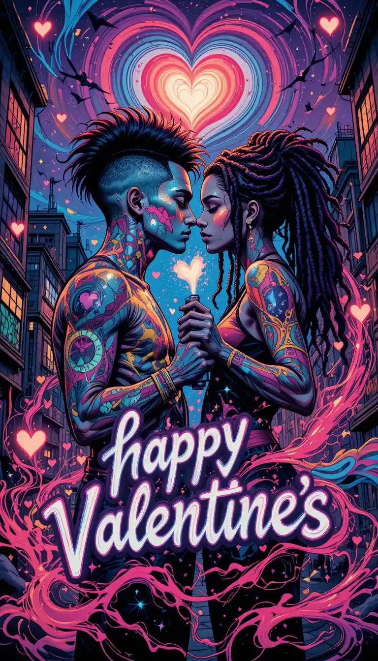 Cosmic graffiti lovers surrounded by neon hearts and galaxies