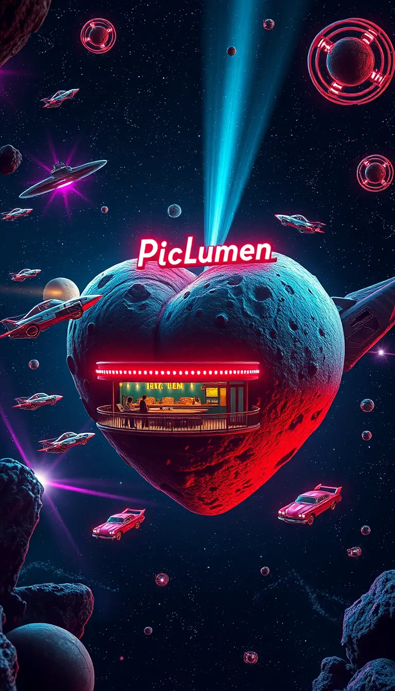 Retro sci fi restaurant on heart shaped asteroid in space