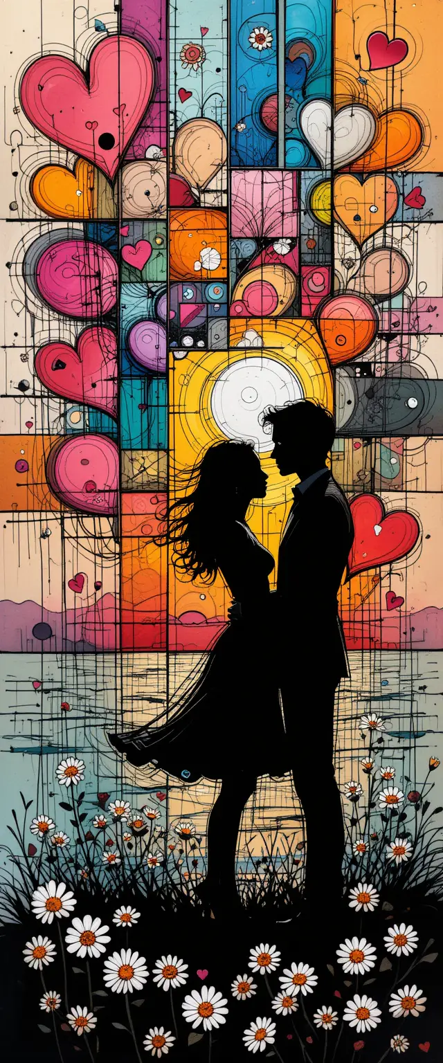 Naive art love story with hearts and abstract panels