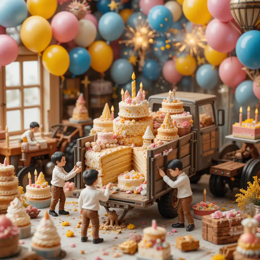 Birthday party room filled with balloons and cake