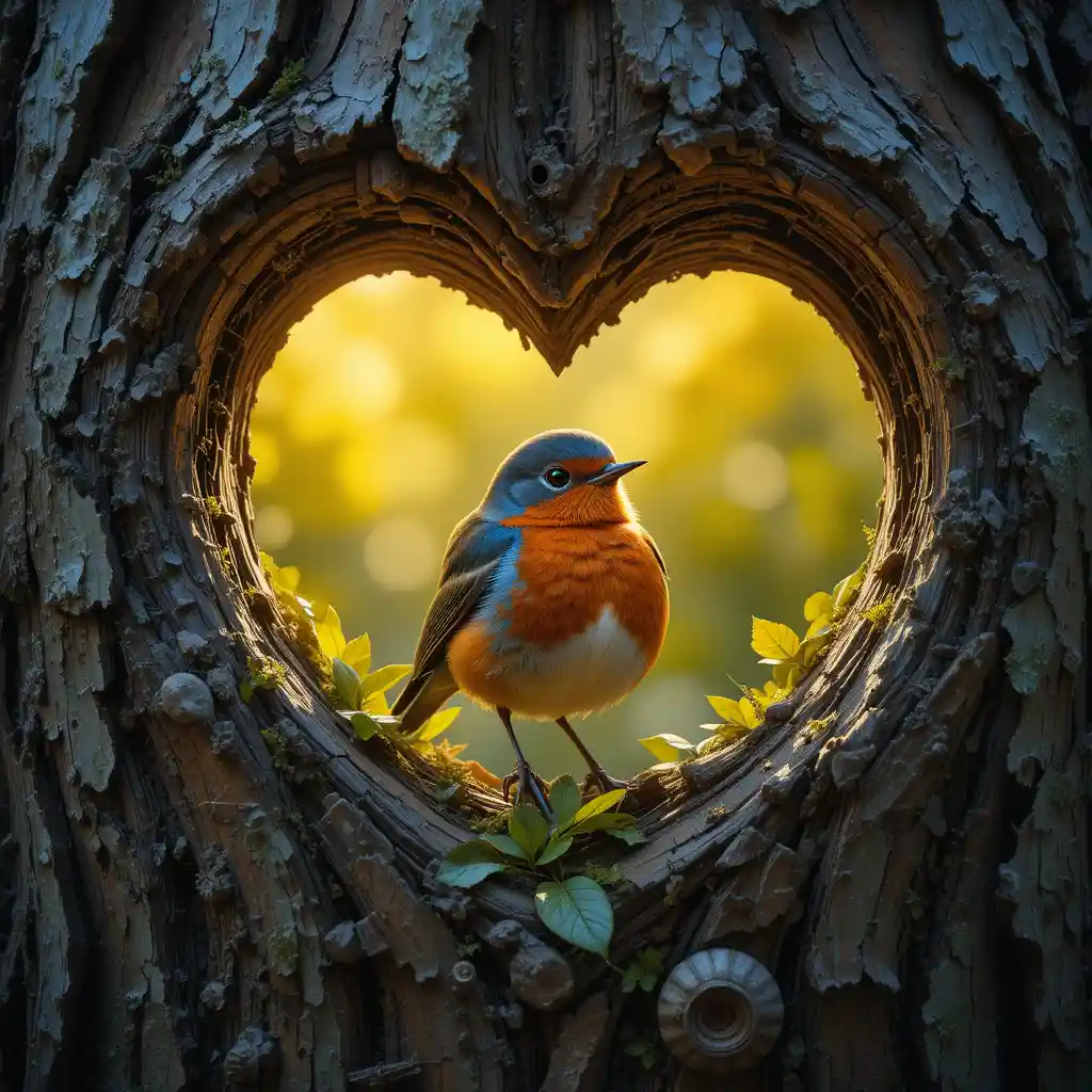 Robin In Heart Shaped Tree Hollow In Warm Sunlight