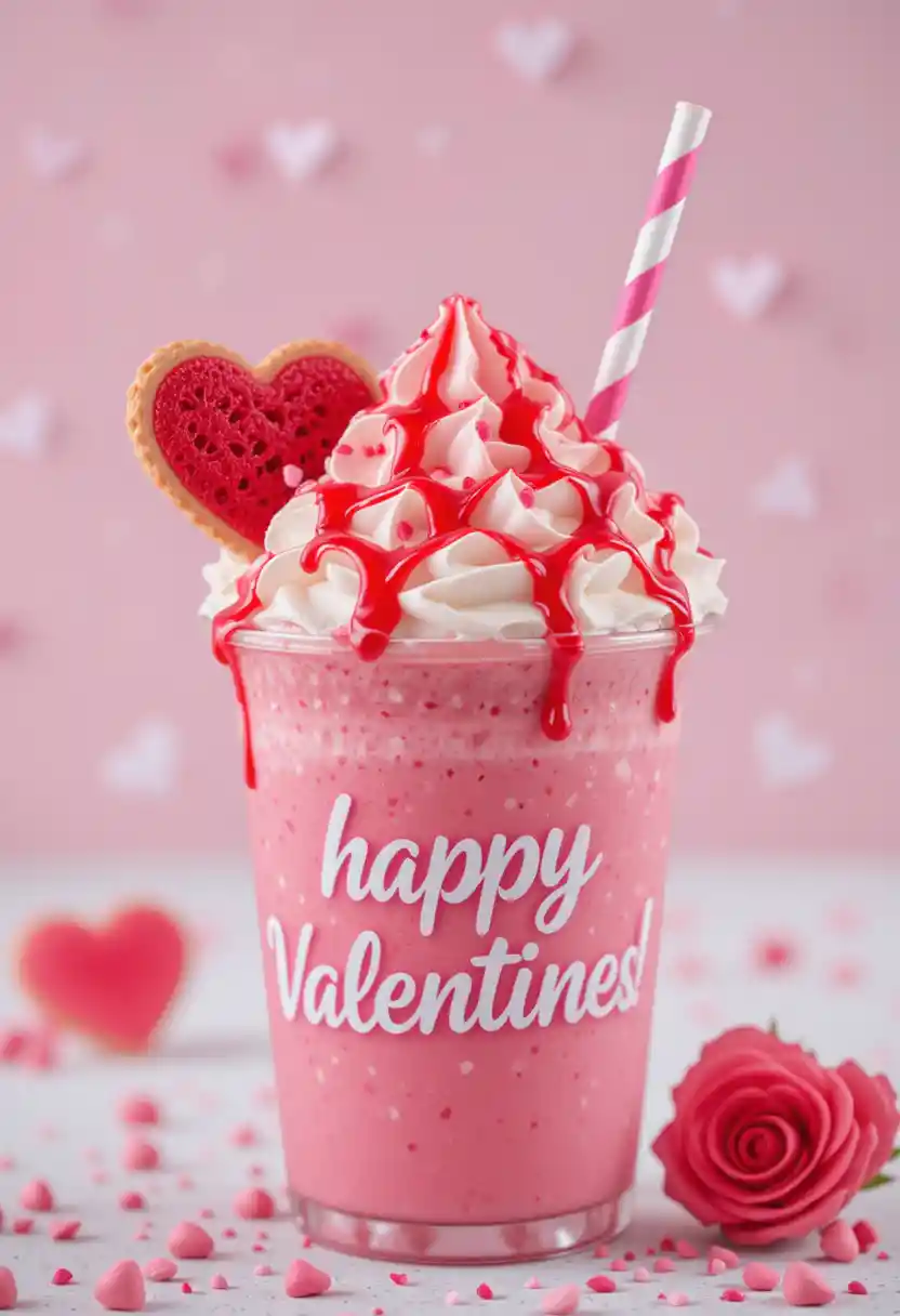 Valentine milkshake with whipped cream and heart cookie