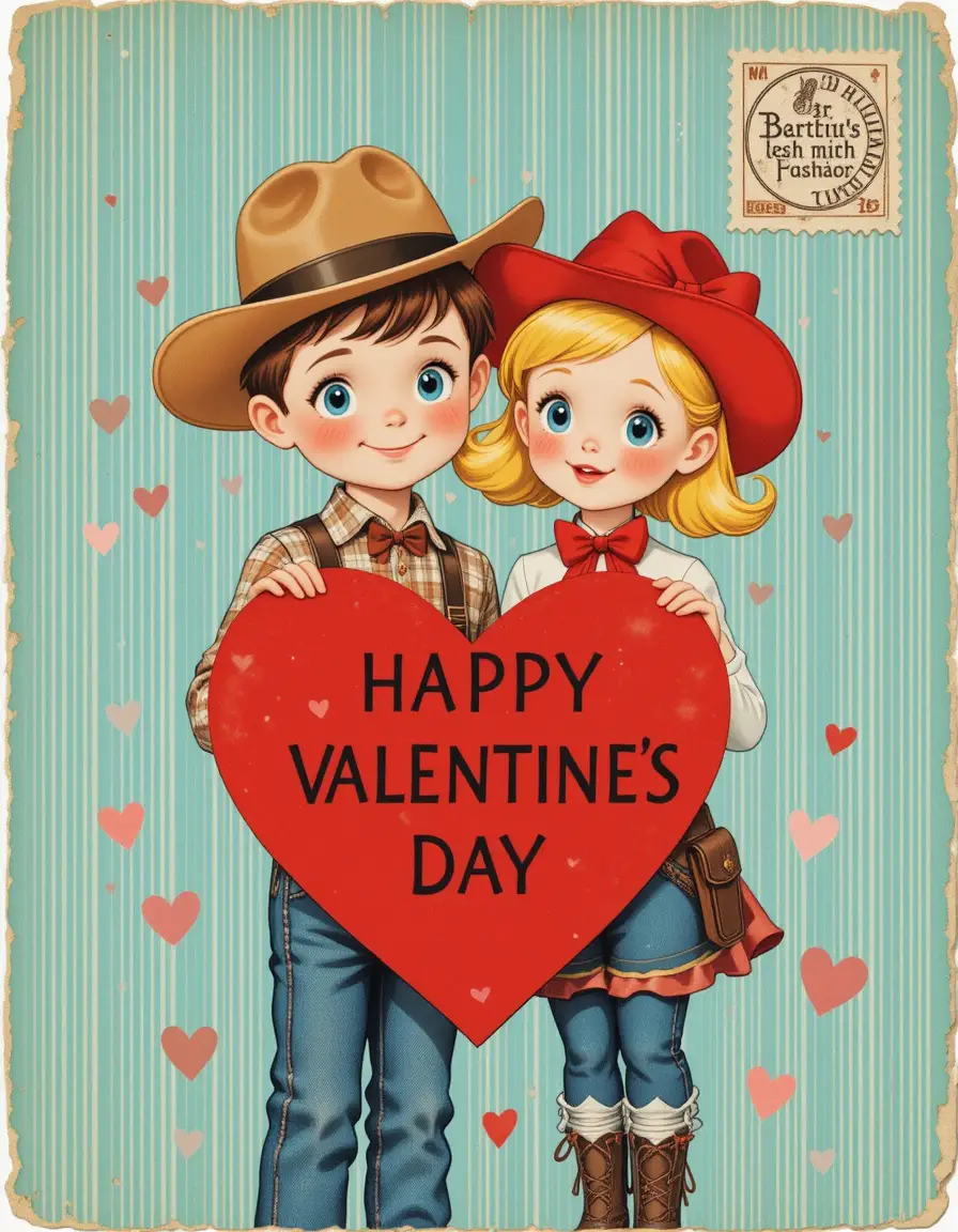 Cute cowboy kids with vintage valentine heart card