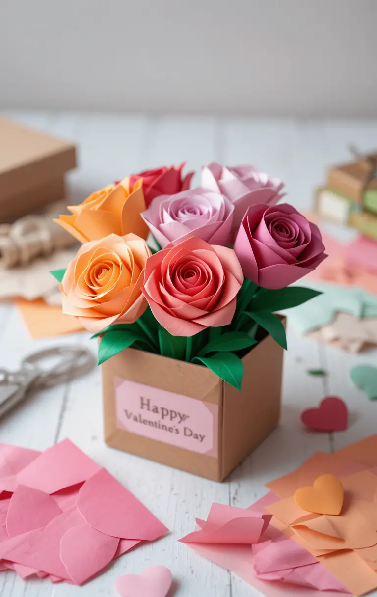 Origami Roses In Carton Box On Craft Table