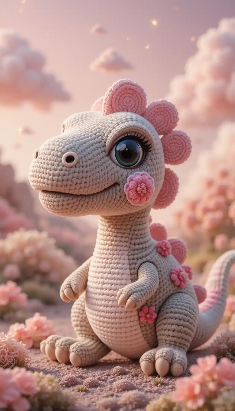 Cute pastel crochet dinosaur in a magical fantasy sky
