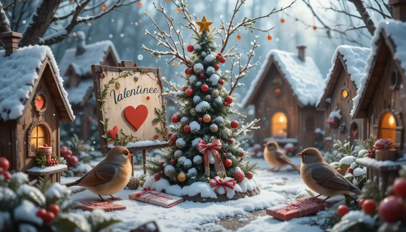 Valentines birdhouse village with birds exchanging gifts