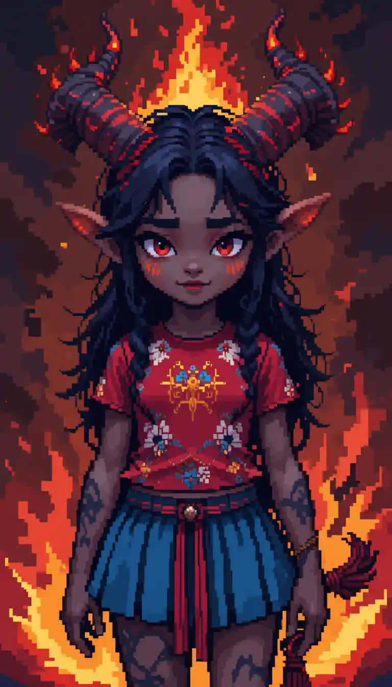 Pixel art tiefling woman in floral shirt and skirt