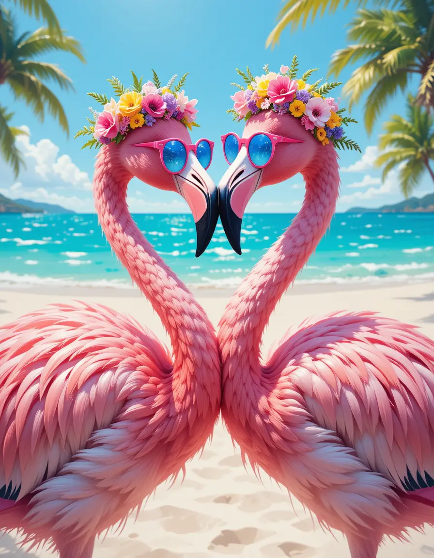 Two flamingos forming a heart shape on a beach