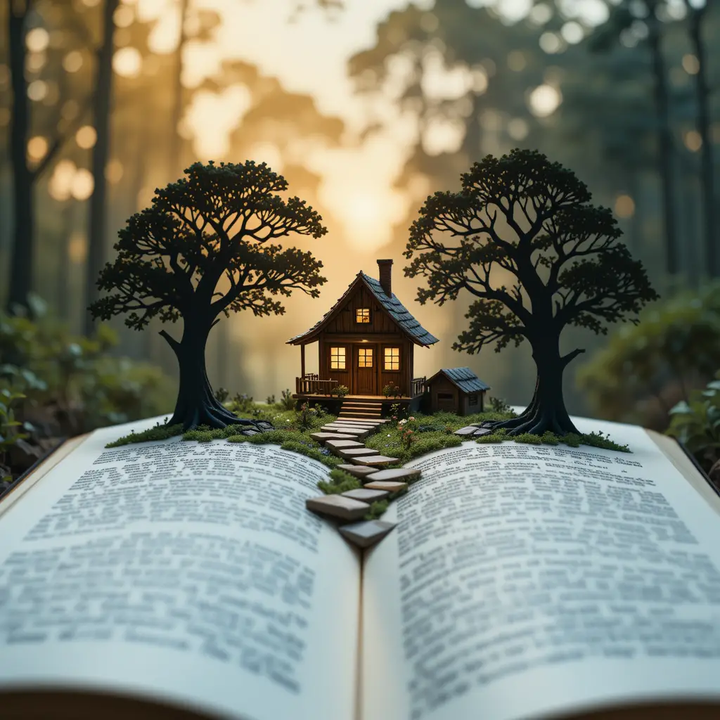 Cozy wooden house emerging from an open storybook