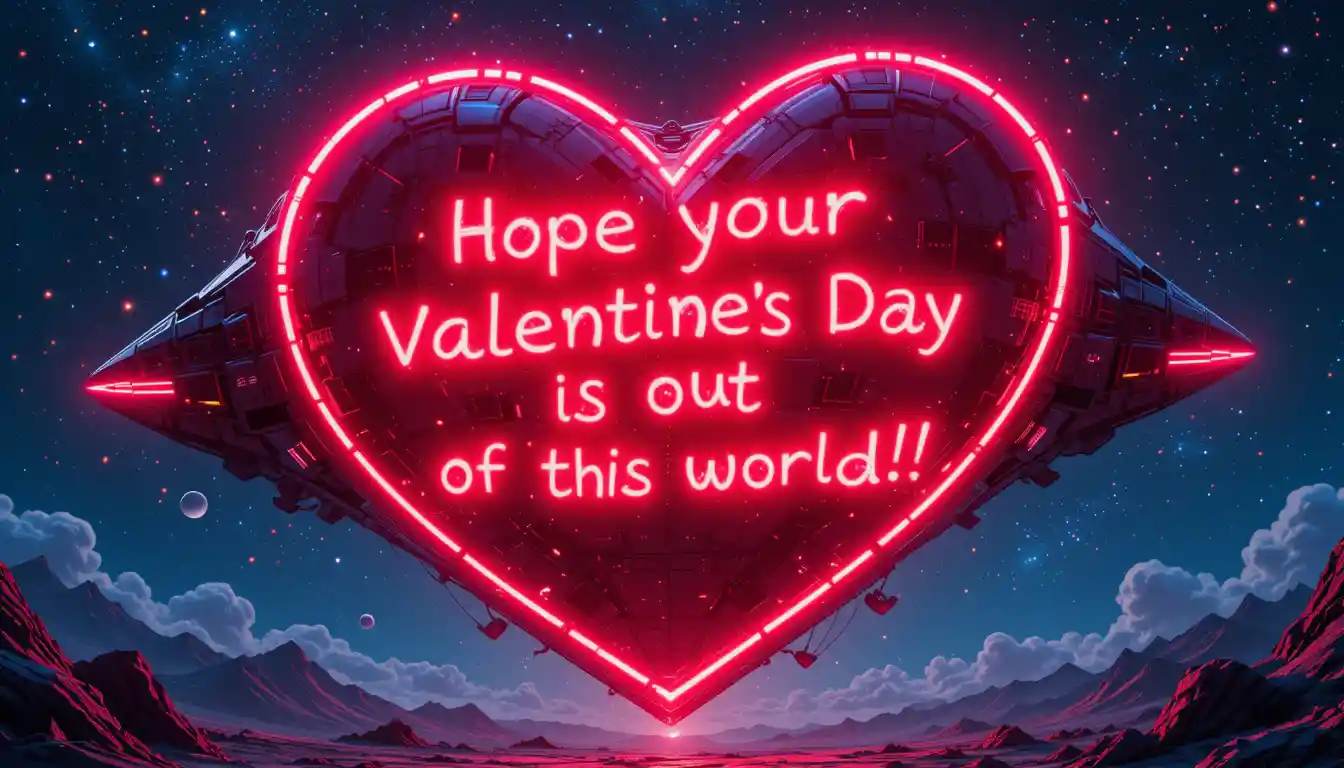 Giant neon heart spaceship over a starry night sky