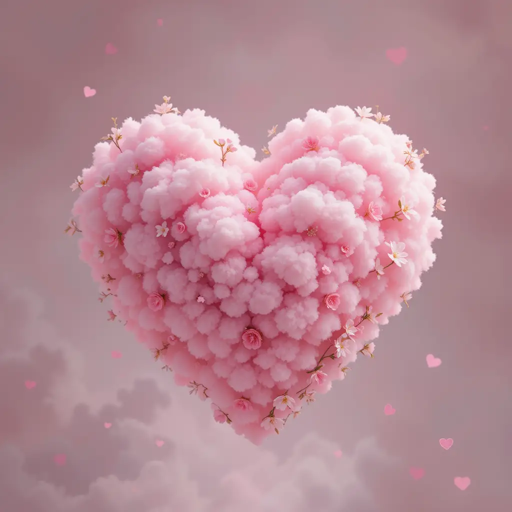 Romantic pink heart illustration with delicate white flowers