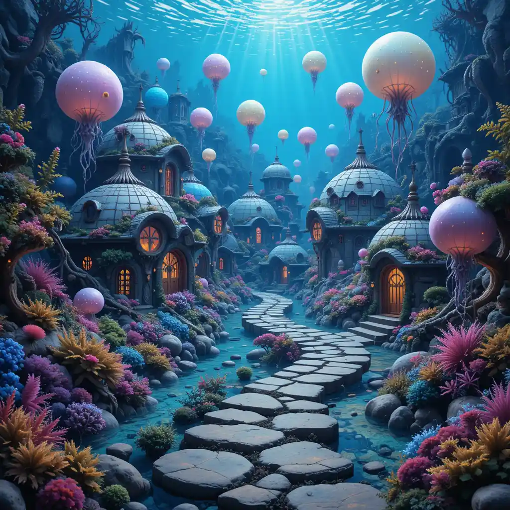 Whimsical Underwater Village With Fantasy Dome Architecture
