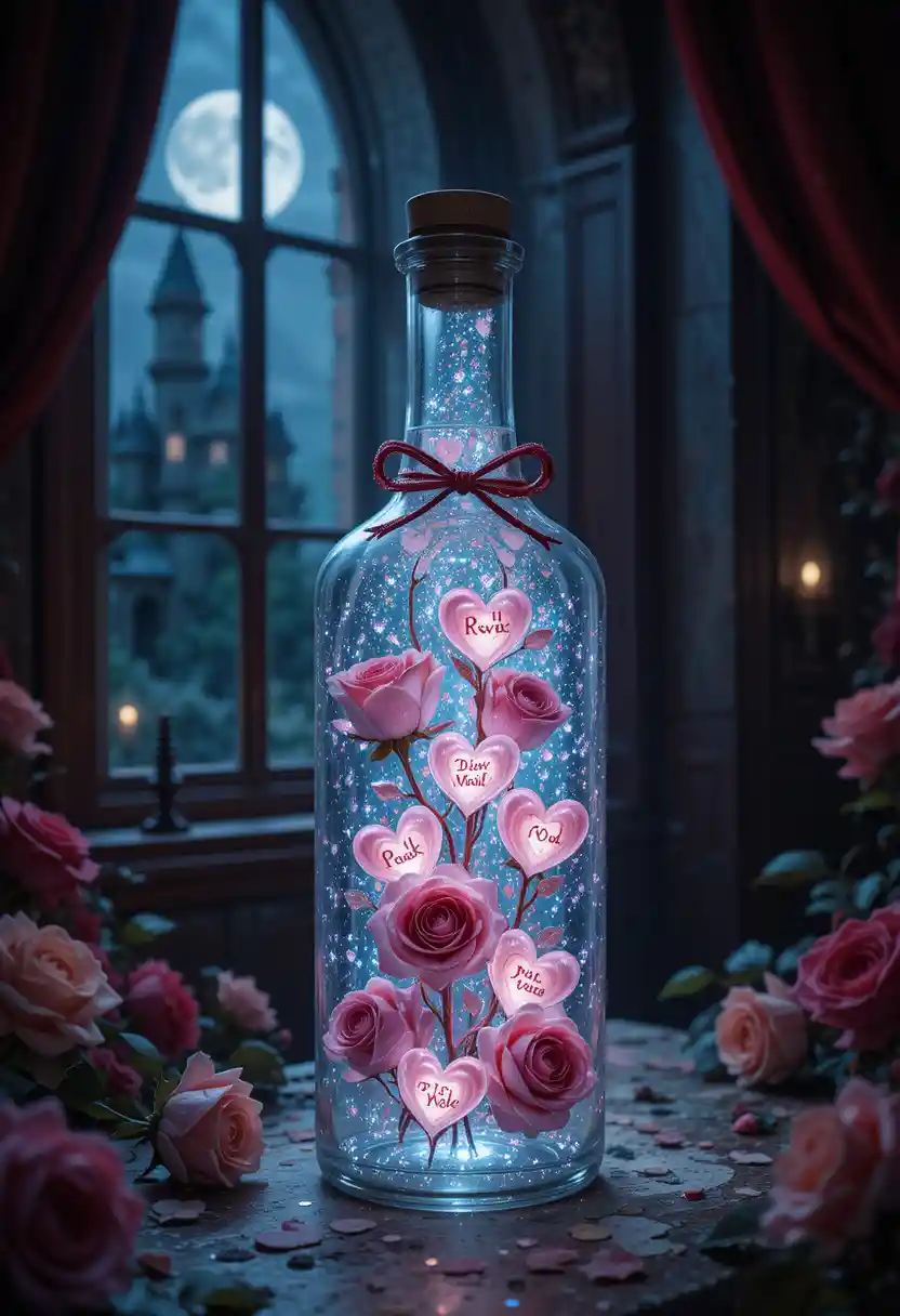 Botella de corazón brillante bajo la luz de la luna en un castillo de fantasía