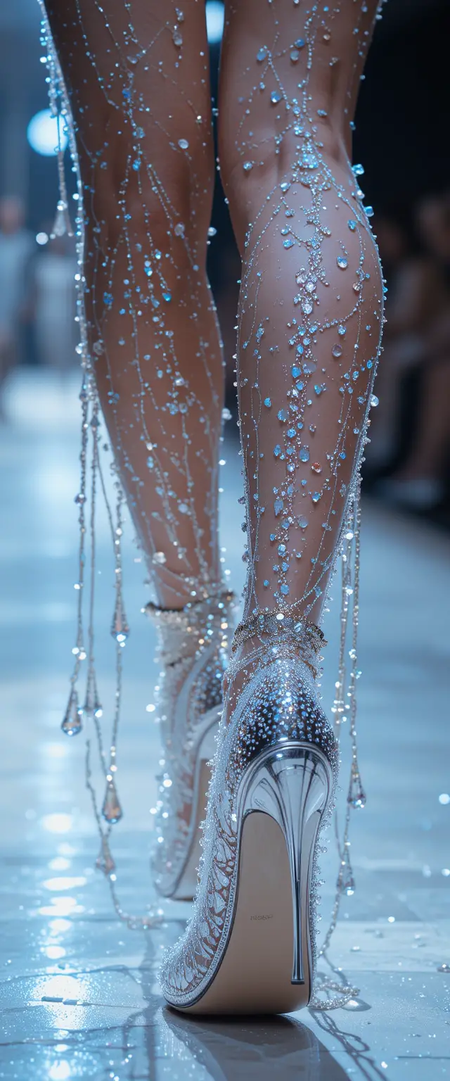 Runway model in crystal embellished high heel shoes