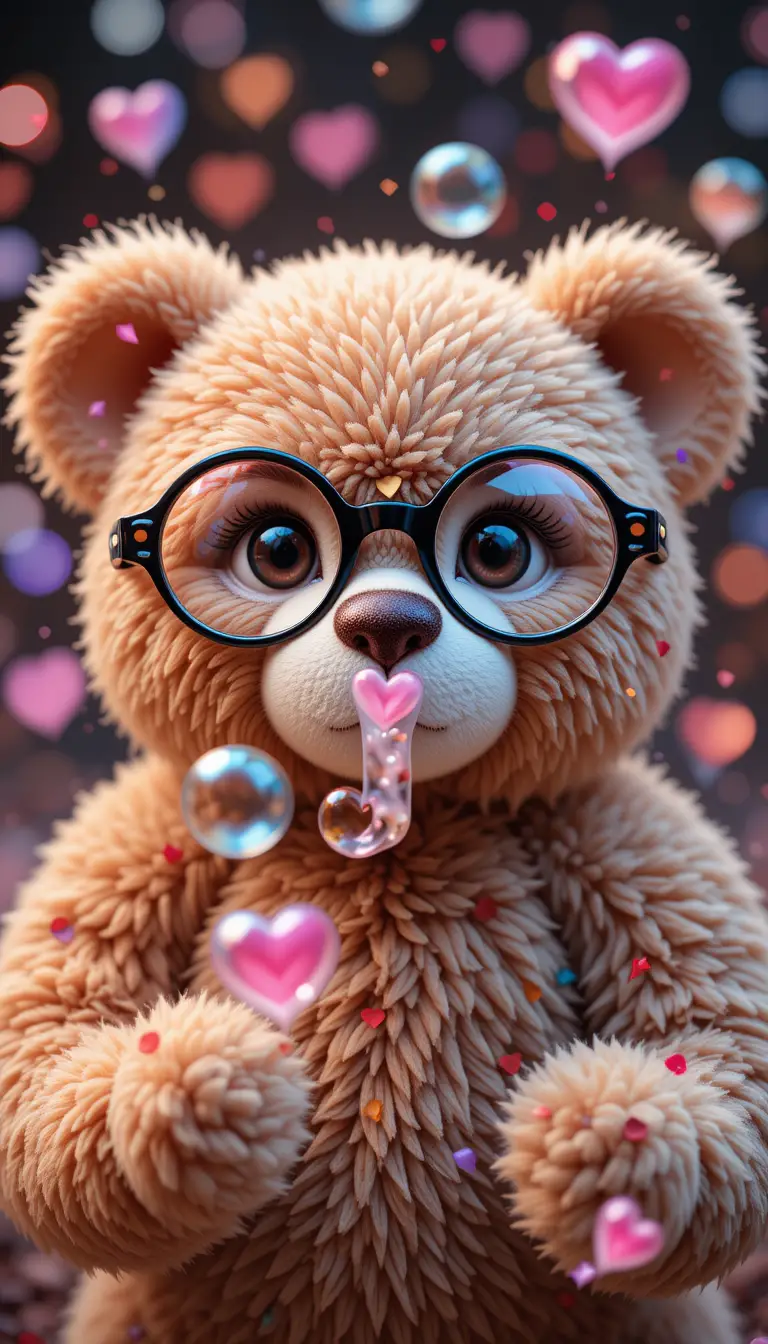 Osito de peluche tierno con gafas soplando burbujas de corazón