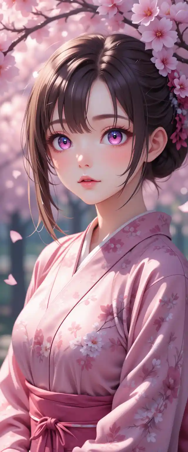 Full body anime girl under blooming cherry blossoms