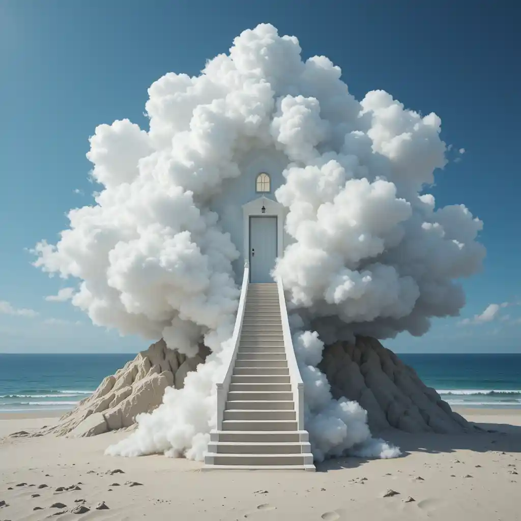 Surreal Cloud House Staircase Leading To A Tranquil Beach