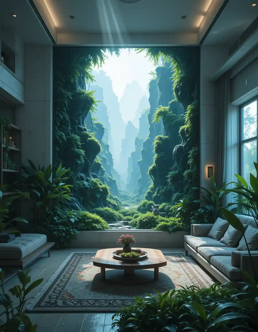 Futuristic living room with landscape screen and lush plants