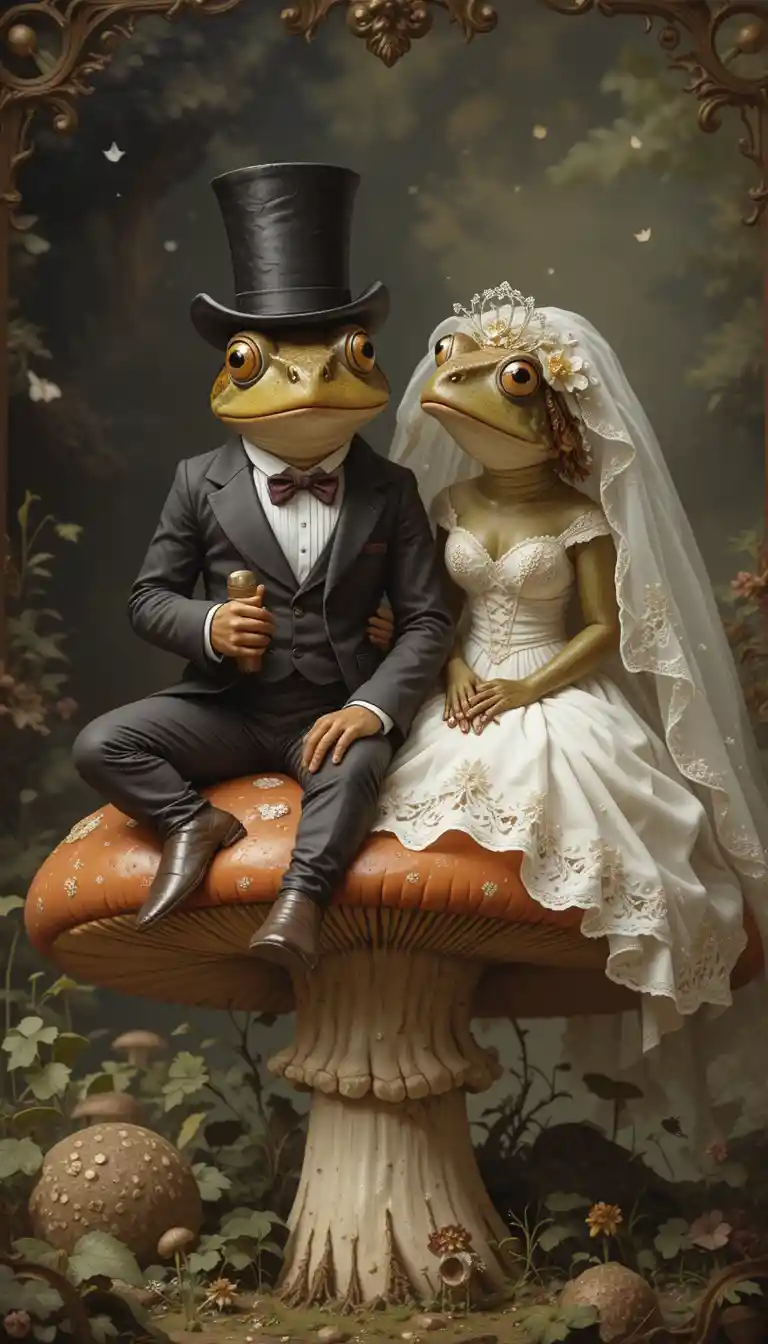 Victorian frog bride and groom on a large mushroom