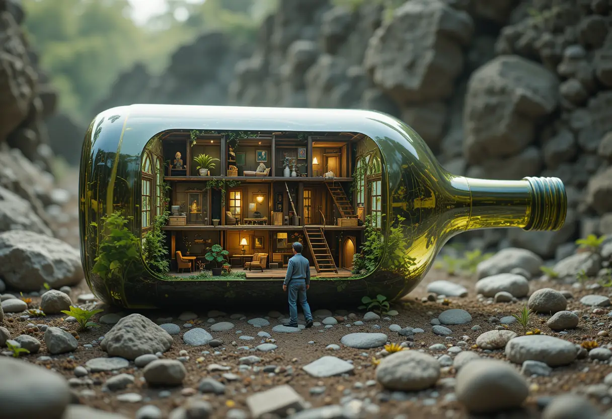 Miniature house inside a sliced transparent bottle