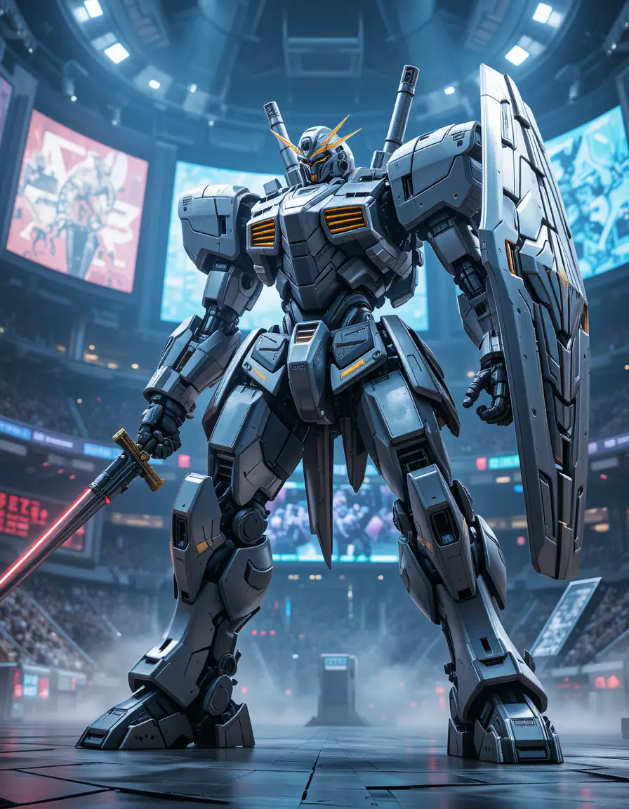 Giant Armored Robot With Sword In Futuristic Arena