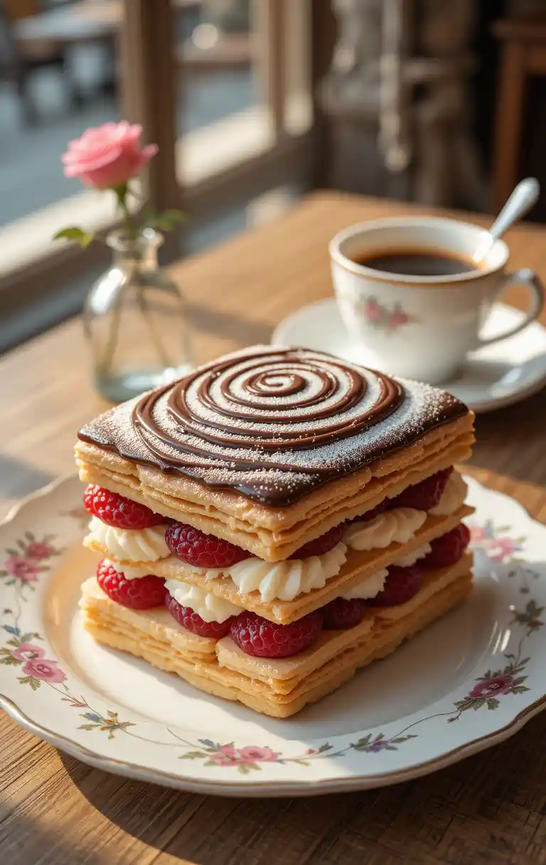 Elegant mille feuille dessert in a cozy french cafe