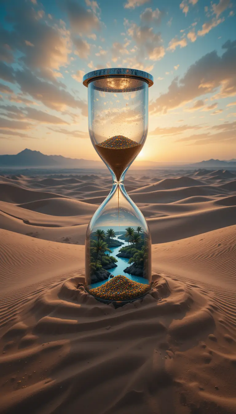 Surreal crystal hourglass floating above a desert oasis