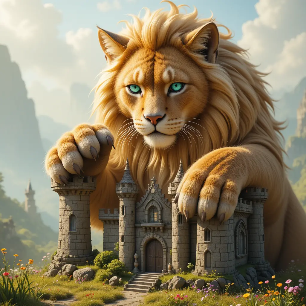 Giant golden cat towering over a tiny stone castle