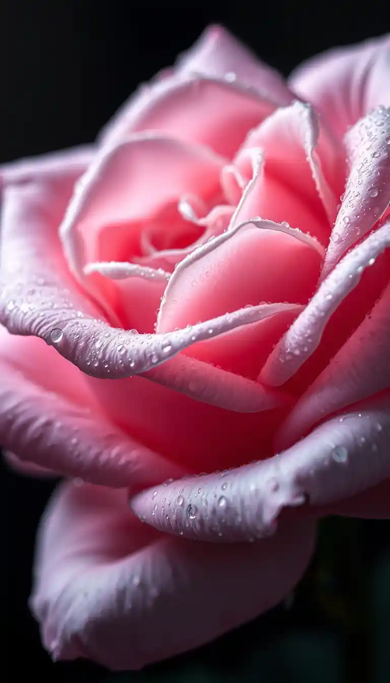 Delicate pink rose with dew against dark dreamy background