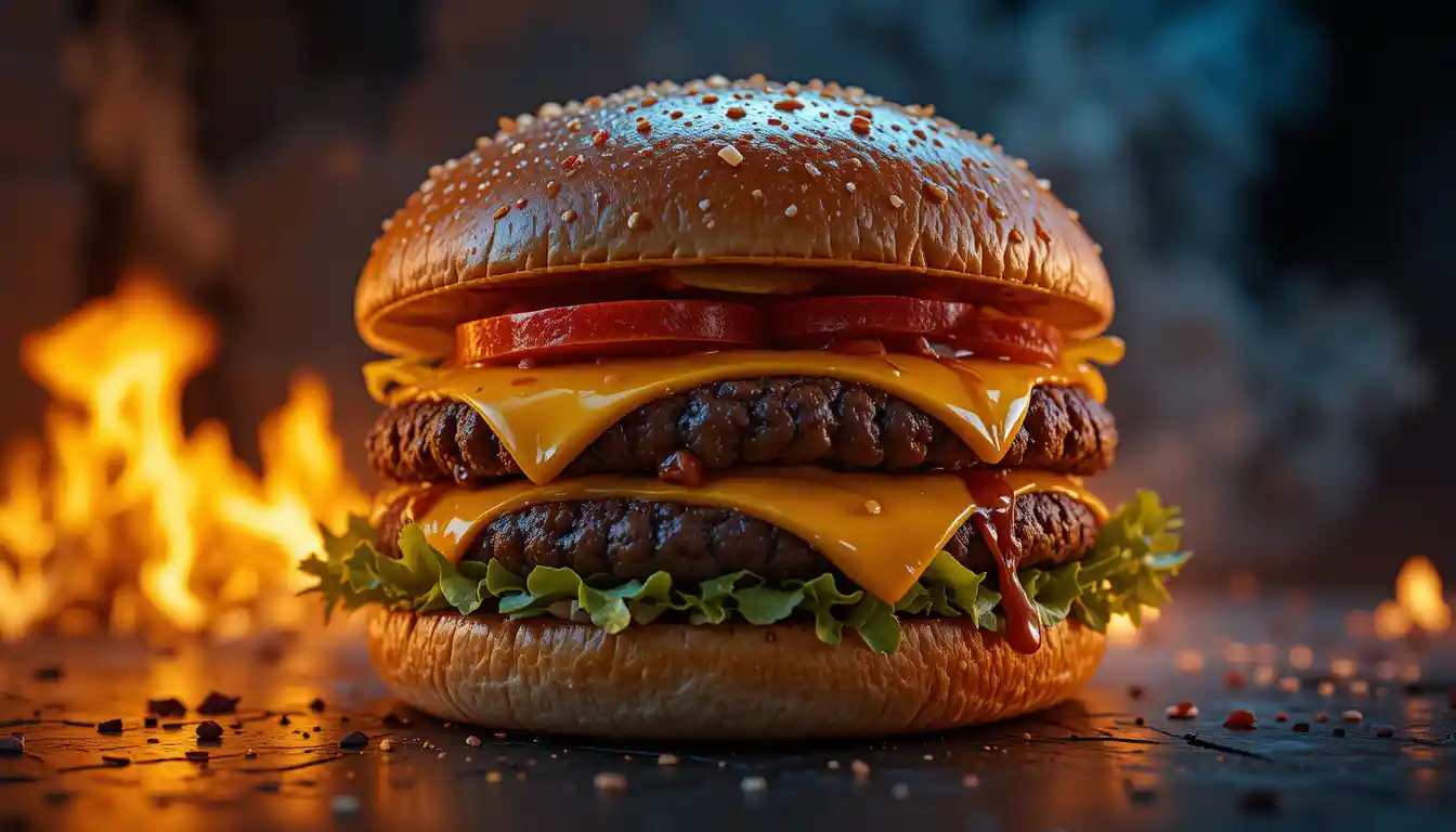 Juicy cheeseburger product shot with fire and dark background