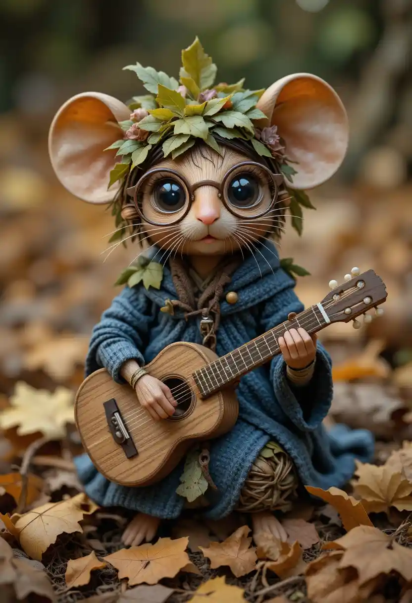 Whimsical Forest Mouse Playing A Wooden Guitar